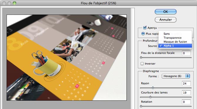 Dans Flou de l’objectif, la couche alpha servira à gérer la progressivité de l’effet.