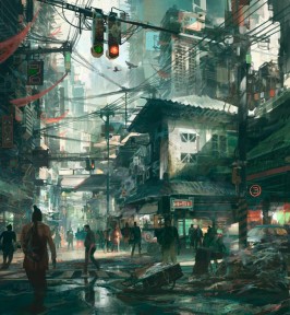 Le graphiste américain affectionne les villes décrépites aux cieux surpeuplés.